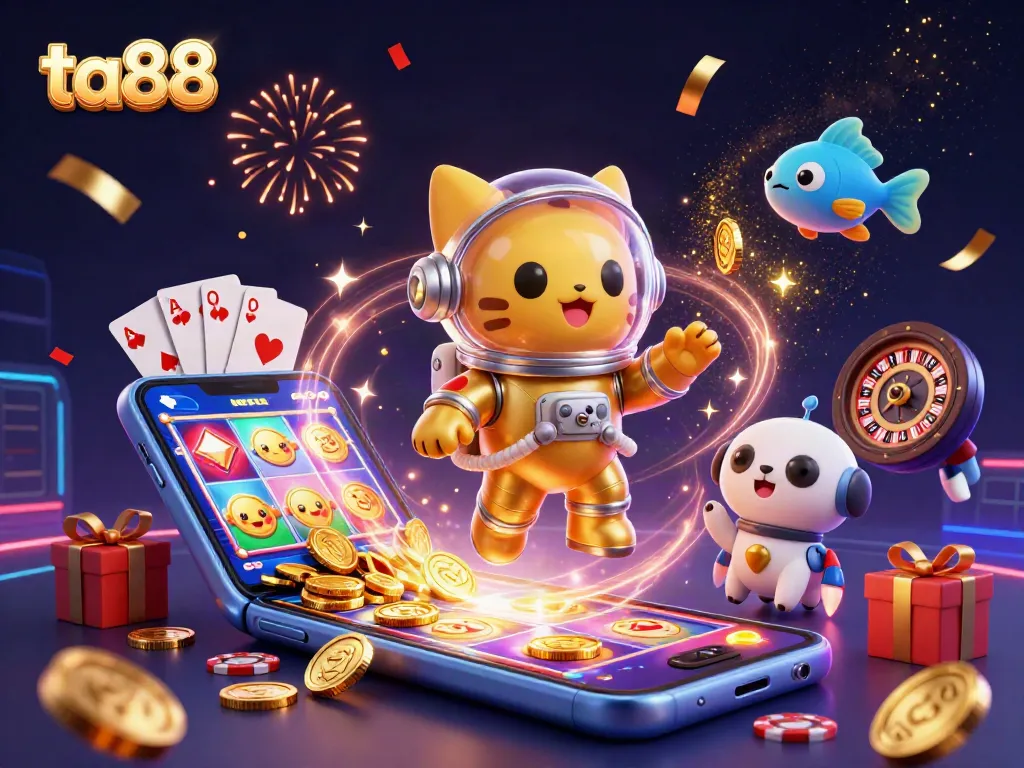 Join the fun with ta88 as the space astronaut cat explores vibrant casino games in a dynamic 3D scene.
