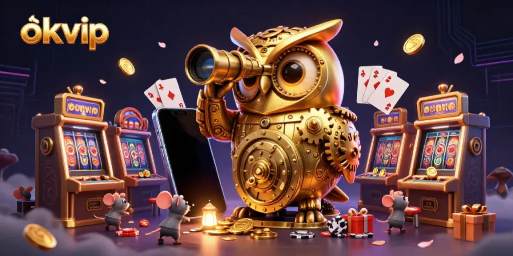 Engage with the vibrant casino scene featuring okvip's unique cartoon owl and thrilling gaming elements.