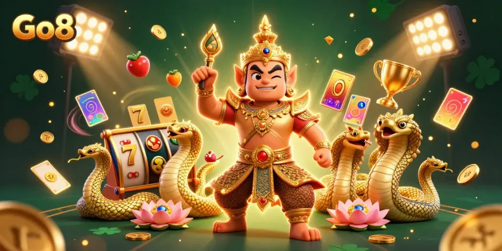 Win big with Go8 slots in an ultra-detailed 3D casino scene featuring colorful elements.