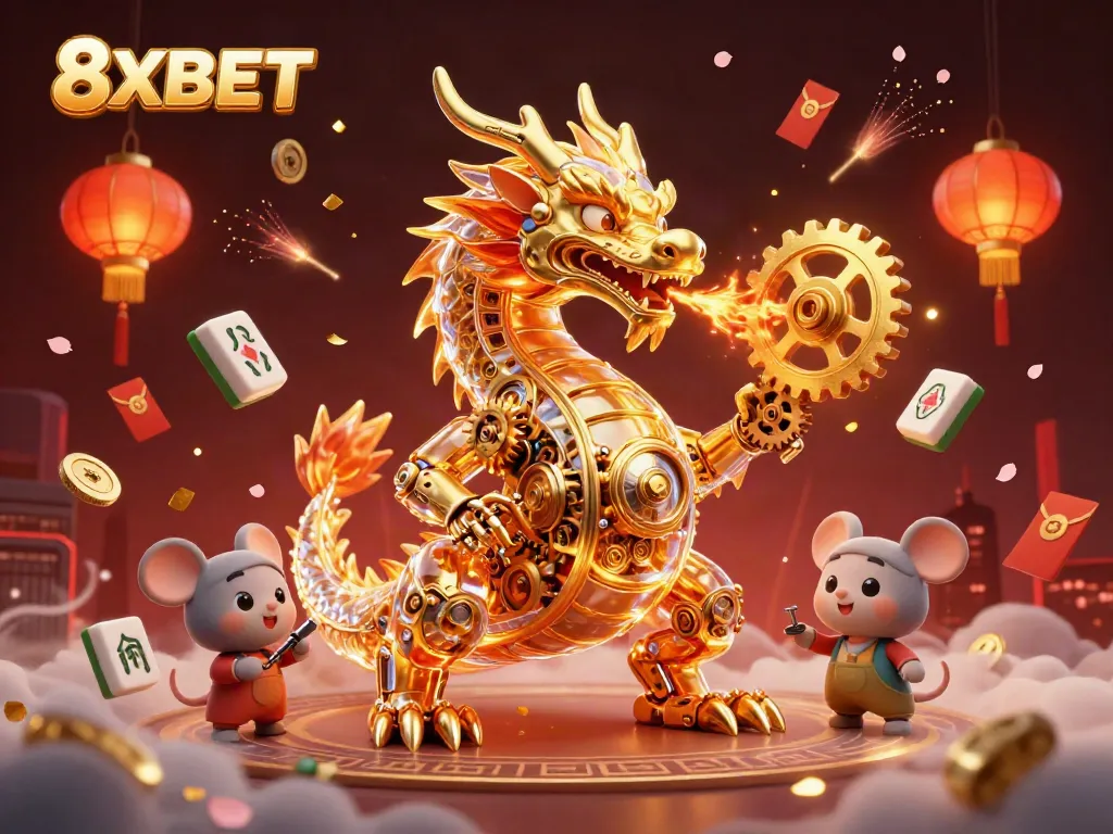 Watch the captivating 3D scene of 8XBET with a golden dragon and magical casino elements.
