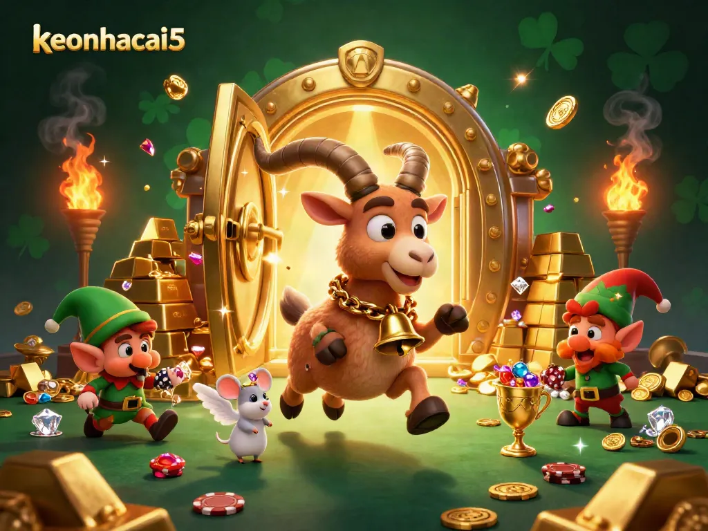 Experience thrilling gaming at keonhacai5, featuring a whimsical casino scene with festive characters amidst gold treasures.