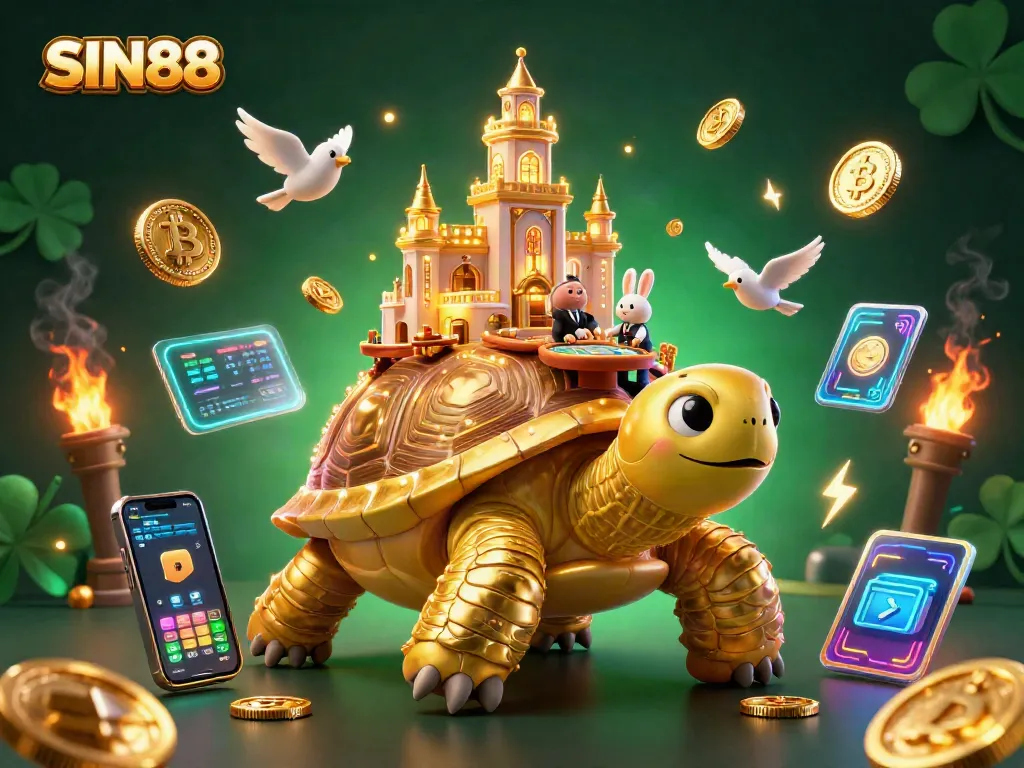 Experience thrilling gaming at SIN88 with a dynamic casino scene featuring a golden tortoise and rabbit dealer.