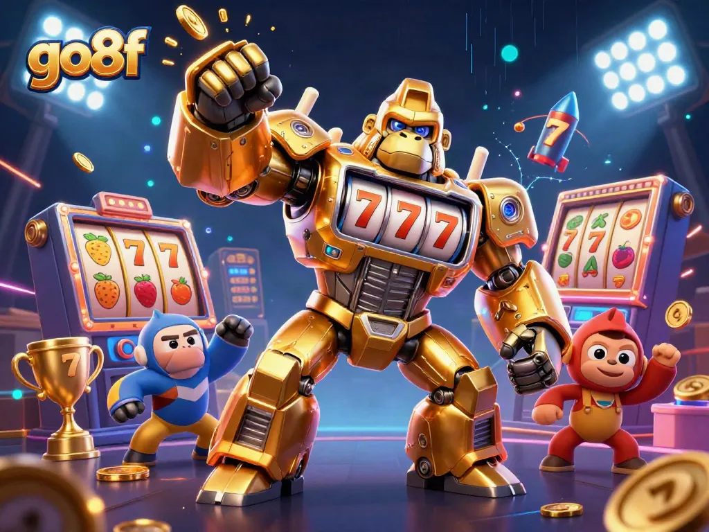 Experience exciting gameplay at go8f with a dynamic 3D illustration showcasing a golden gorilla mech and lively elements.