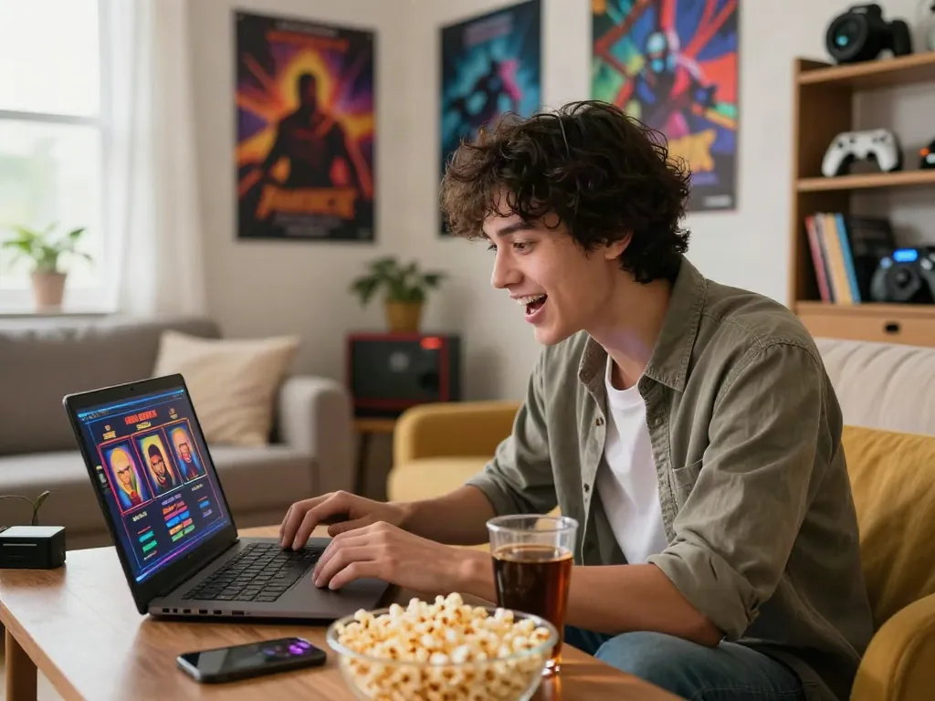 Engaged gamer enjoying Tuan88 slot online games in a cozy living room.