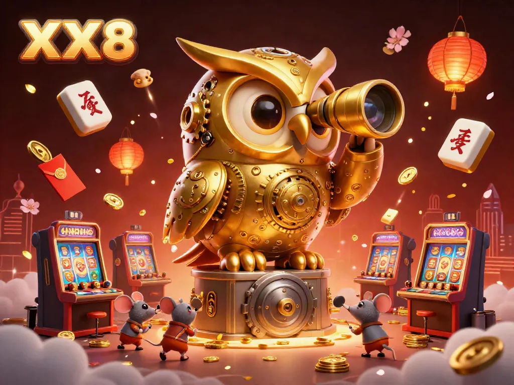 Experience the thrilling world of XX8 with a whimsical golden owl overseeing a bustling casino floor.