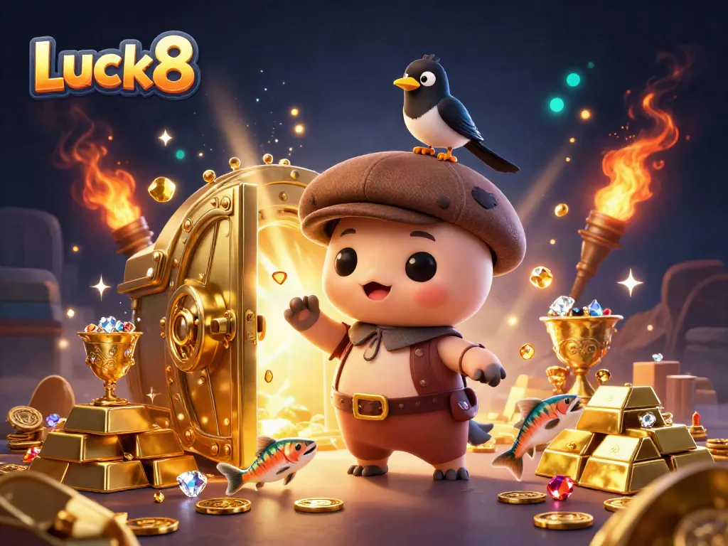 Luck8 players spin a golden treasure vault, discovering riches and luck in this thrilling gaming scene.