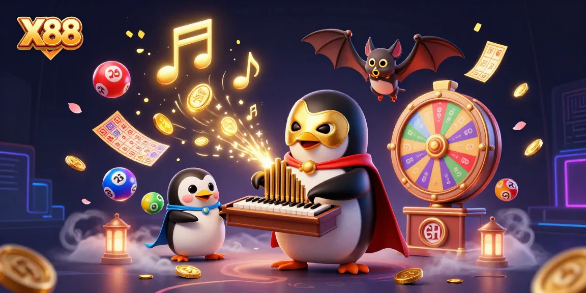 X88 casino scene featuring a charming penguin playing an organ as gold coins flow, enhancing the gambling excitement.
