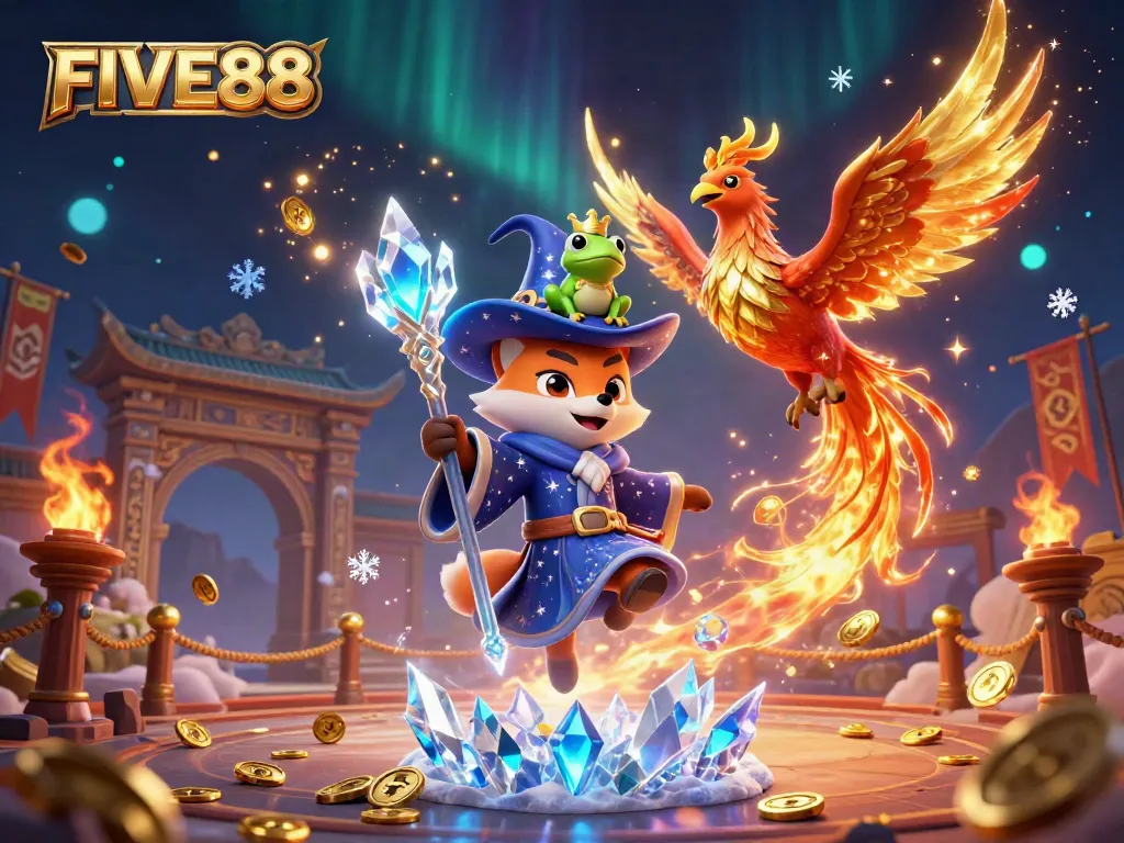Experience the thrilling FIVE88 casino action with a mystical wizard and phoenix in an enchanting environment.