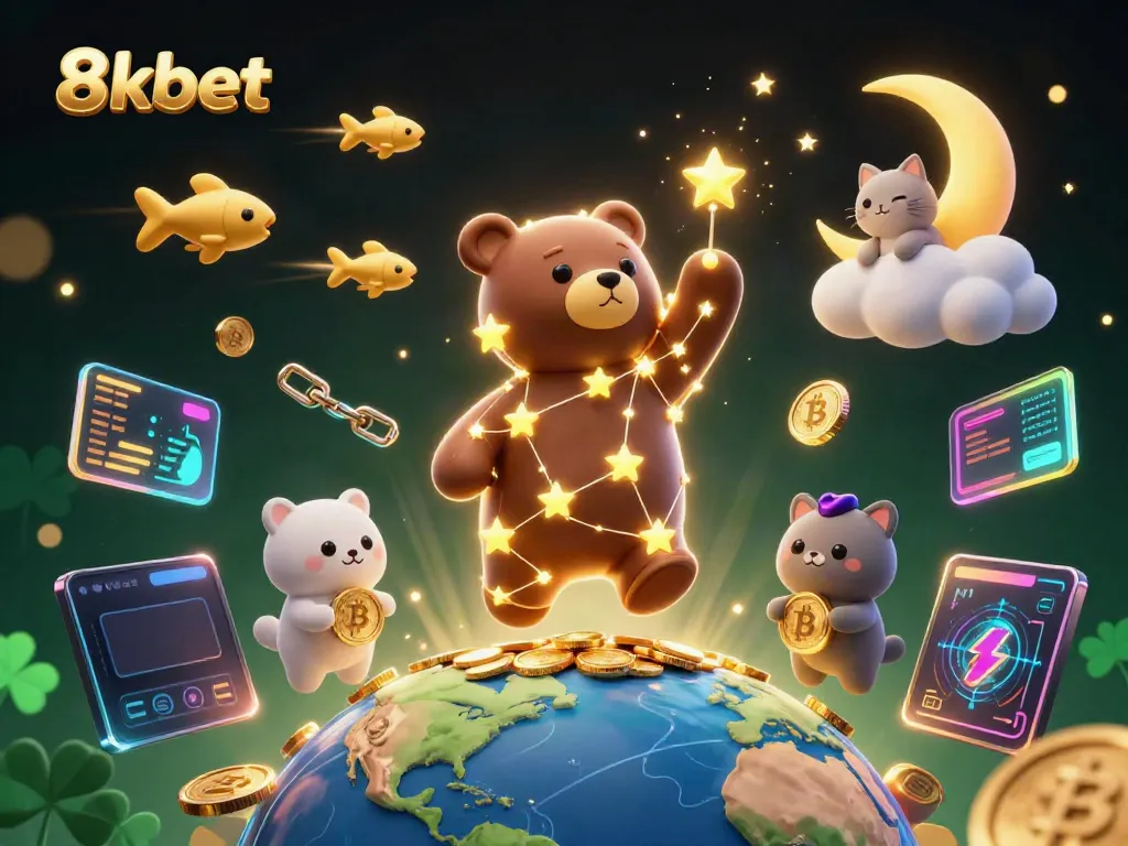 Engage with 8kbet in a vibrant 3D casino universe filled with stars, coins, and crypto elements