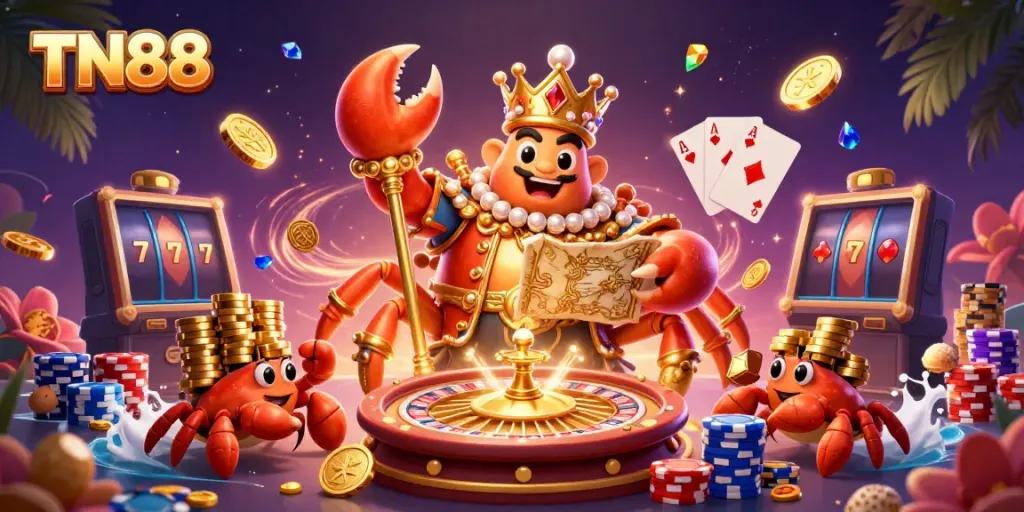 Celebrate casino winnings with TN88, featuring a golden crab holding treasures amidst dynamic gaming elements.