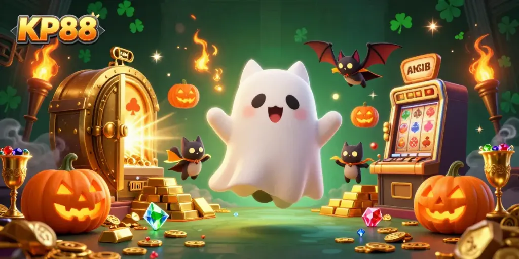 Engage with KP88's vibrant online casino atmosphere featuring ghostly characters and glowing treasures.