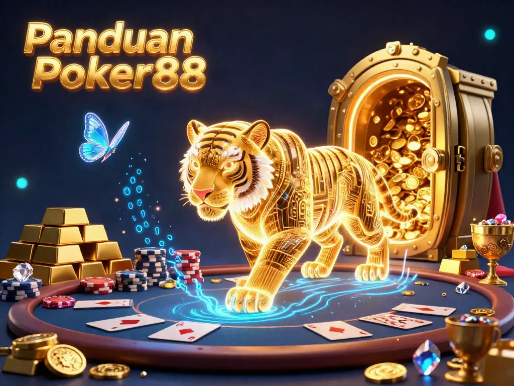 Engage in thrilling poker action with Panduan Poker88, amidst glimmering treasures and vibrant casino energy.