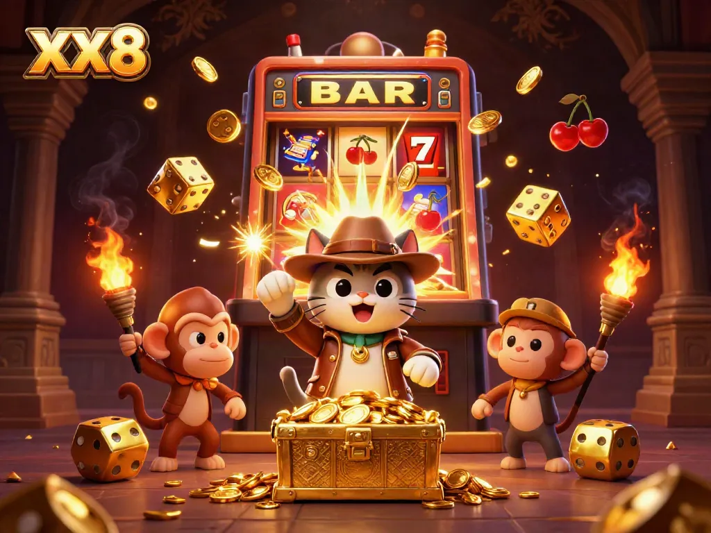 Engage with the adventure at XX8, featuring a cartoon archaeologist cat discovering golden casino treasures.