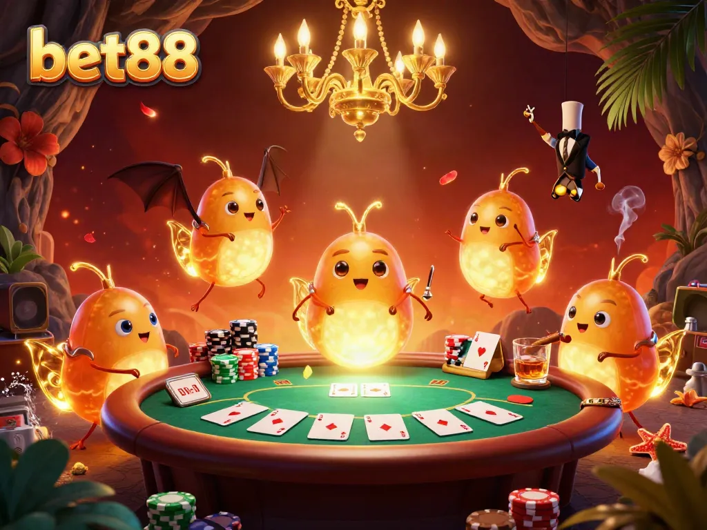Experience the exciting ambiance at bet88's illustrated cave casino with lively characters and poker elements.