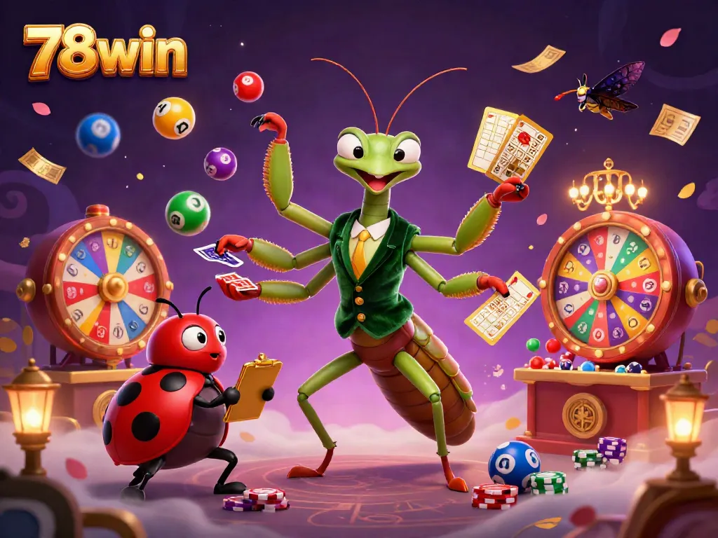 Engage with vibrant lottery action at 78win featuring a lively mantis dealer and colorful game elements.