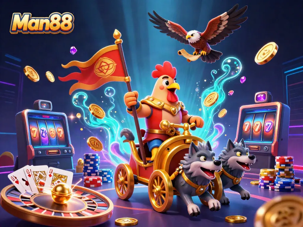 Experience the thrill of Man88 with vibrant casino adventures in a dynamic 3D illustration.