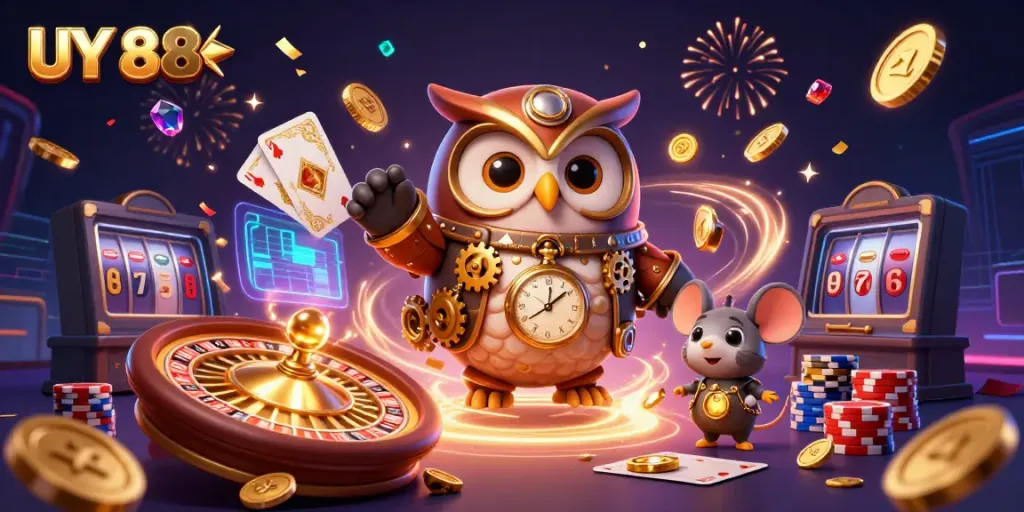 Experience thrilling gameplay at UY 88 with a vibrant 3D casino illustration featuring slot reels and more.