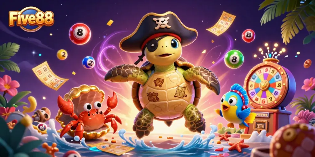 Experience the fun at Five88 casino with vibrant games and lively characters in an exciting underwater-themed illustration.