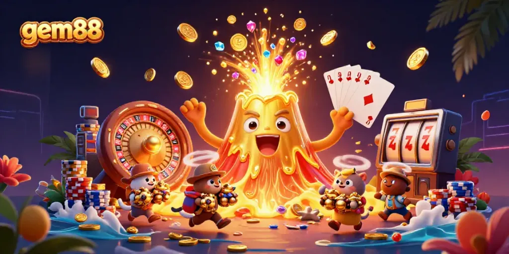 Experience the excitement of gem88 with golden treasures amidst vibrant, dynamic casino elements.
