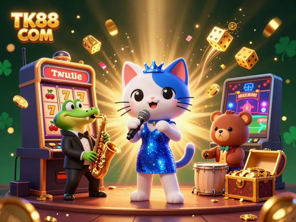 Experience the excitement of TK88 COM with vibrant casino action featuring a jazz-singer cat and dazzling slots.