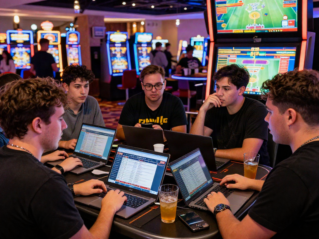Group discussing 먹튀검증 추천 먹튀스팟 at a casino gaming venue with vibrant lights.