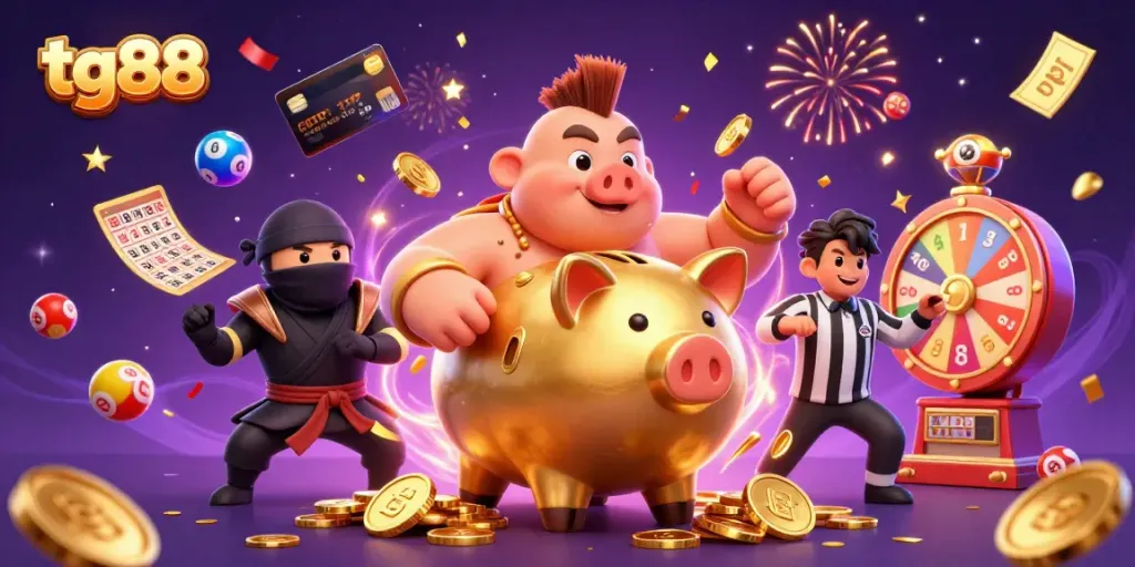 Experience thrilling gaming with tg88 in a vibrant 3D casino scene featuring a golden piggy bank and dynamic elements.