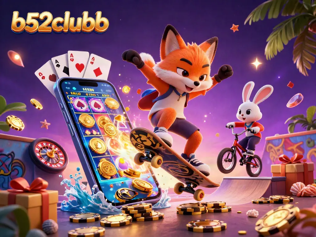 Experience the thrill of b52clubb with dynamic action in a vibrant casino-themed illustration.