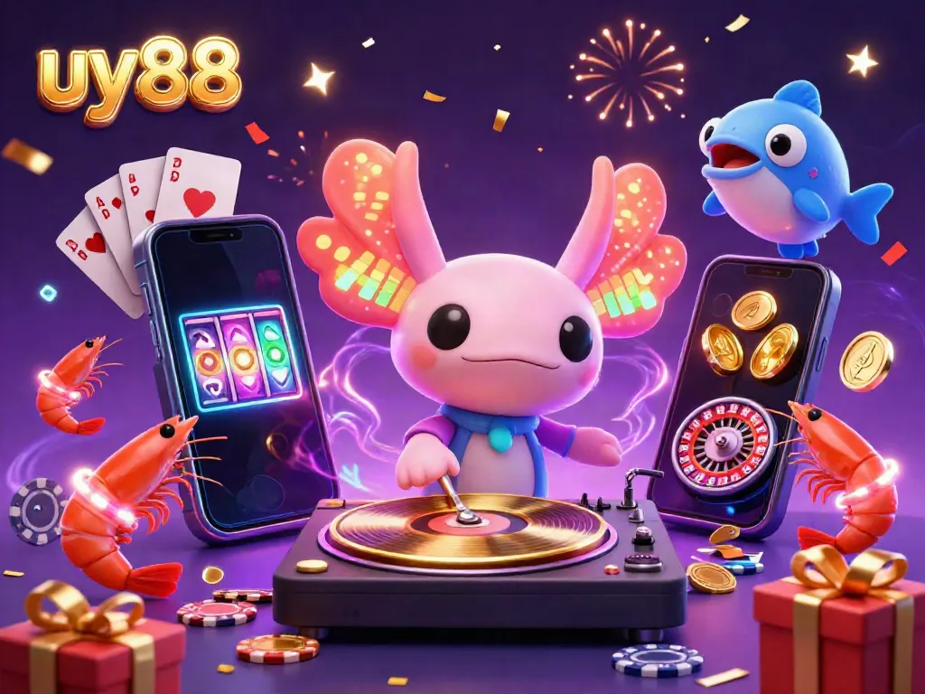 Experience the vibrant world of uy88 with a lively underwater casino scene, featuring an axolotl DJ and energetic sea creatures.