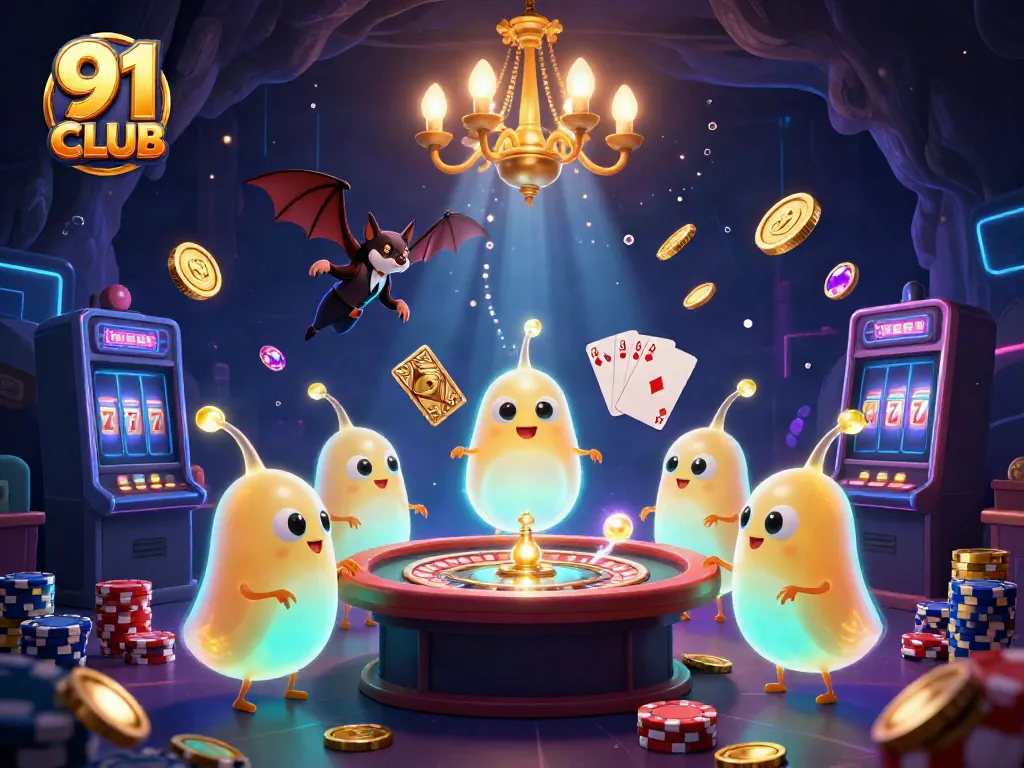 Experience the excitement of 91 CLUB with lively glowworms illuminating a vibrant casino scene