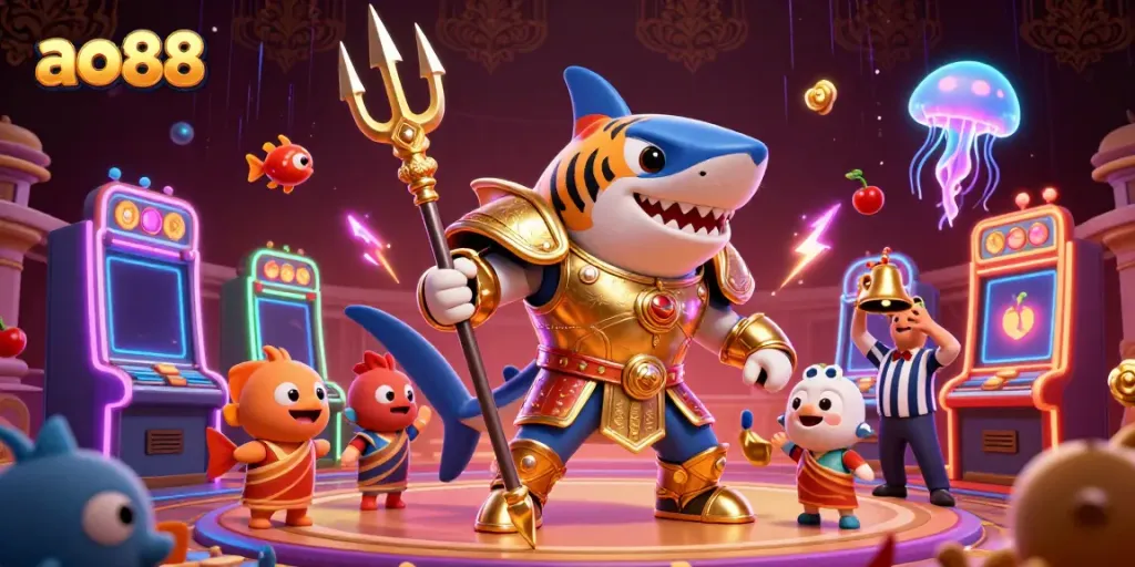 Experience high-stakes gaming with ao88's vibrant underwater colosseum, featuring a fierce gladiator shark.