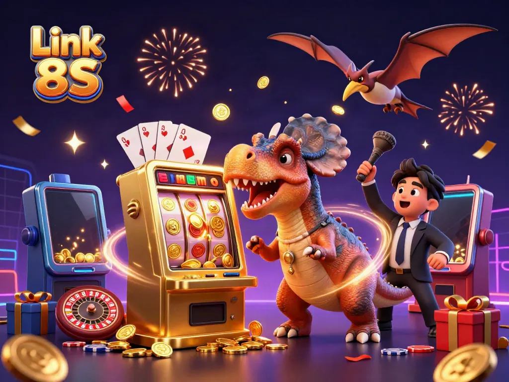 Link 8S jackpot scene with dinosaurs celebrating wins around a slot machine
