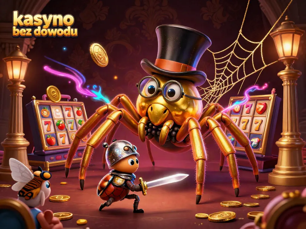 Engage with kasyno bez dowodu in a vibrant scene featuring a golden tarantula and knight amidst dynamic slot games.