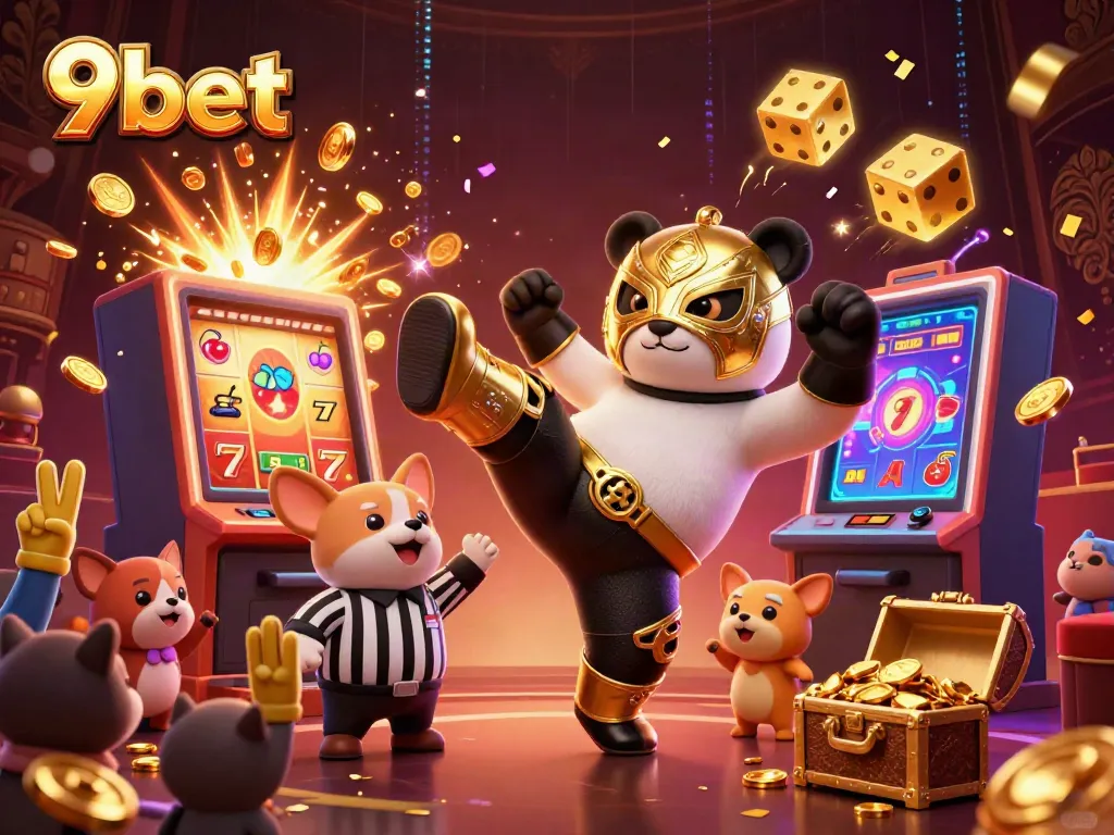 Experience thrilling gaming with 9bet's 3D cartoon action featuring a panda wrestler and exciting casino elements.