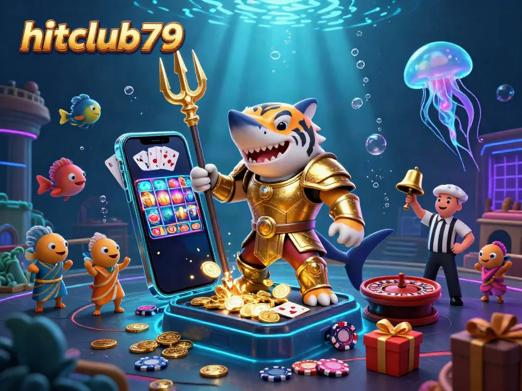 Experience exciting gameplay at hitclub79 with a 3D tiger shark in a golden armor at an underwater casino.