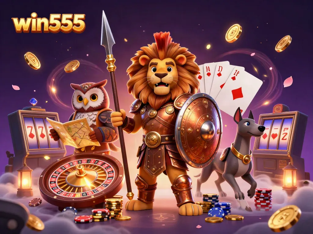 win555 energizes the casino atmosphere with a courageous Spartan lion, wise owl strategist, and fast greyhound messenger.