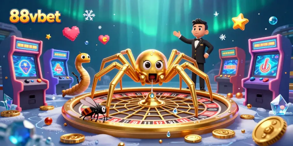 Engage with 88vbet's thrilling gaming scene featuring interactive 3D characters and casino elements.