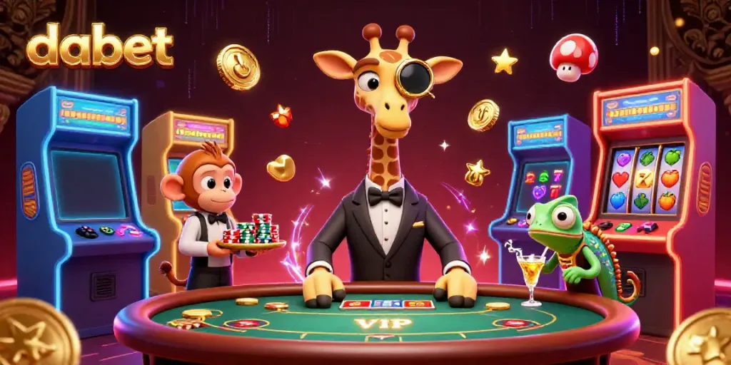 Experience an exhilarating dabet gaming night with a high-roller giraffe and friends at the casino.