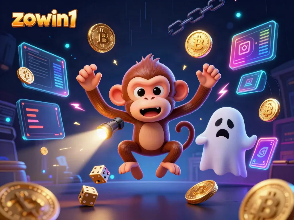 Experience the excitement of zowin1 as a playful poltergeist monkey juggles golden casino treasures while a curious puppy tracks its playful antics.