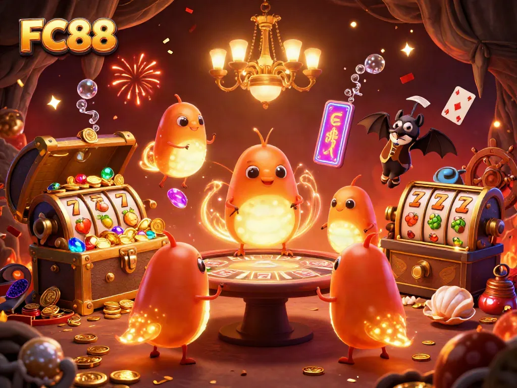 Experience the excitement of FC88 casino games illuminated by glowing glowworms and a bat dealer in vivid detail.