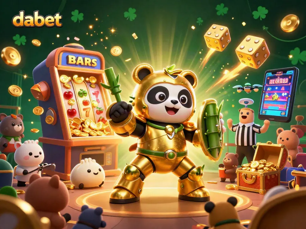 Dabet players engage in thrilling slots action with a golden panda protecting the jackpot in a vibrant casino arena.