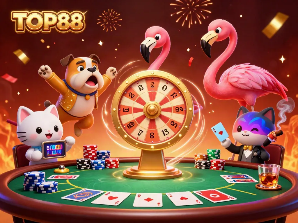 Experience the excitement of TOP88 with a flamingo game show host, bulldog contestant, and vibrant casino elements.