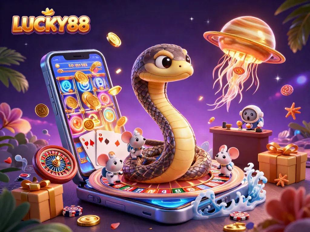 Experience the excitement of LUCKY88 with thrilling casino elements in a vibrant cosmic scene.