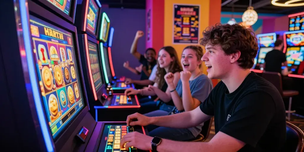 Exciting online gaming night with harta 88 slot machine action and friends celebrating wins.