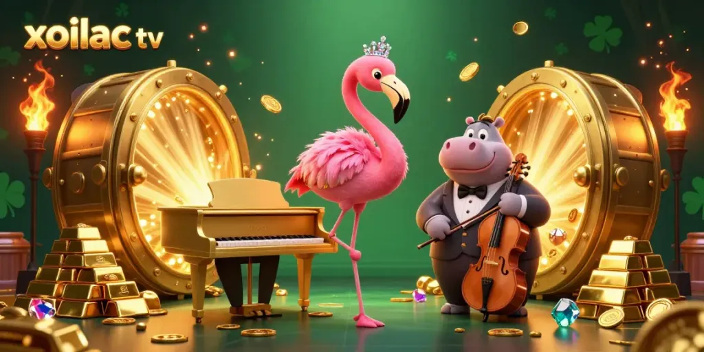 Xoilac TV showcases vibrant casino energy with a flamingo singer and hippo bassist under sparkling treasures.