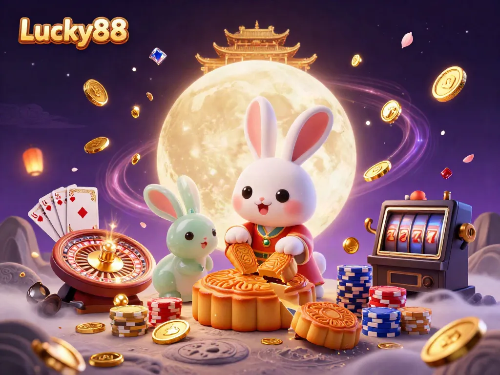 Experience Lucky88's enchanting gameplay with a playful moon rabbit revealing poker chips surrounded by casino treasures.