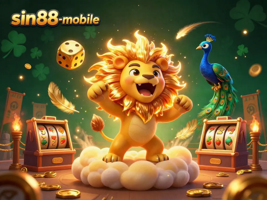 Experience the excitement of sin88-mobile with vibrant 3D elements showcasing a lion and dynamic casino scenes.