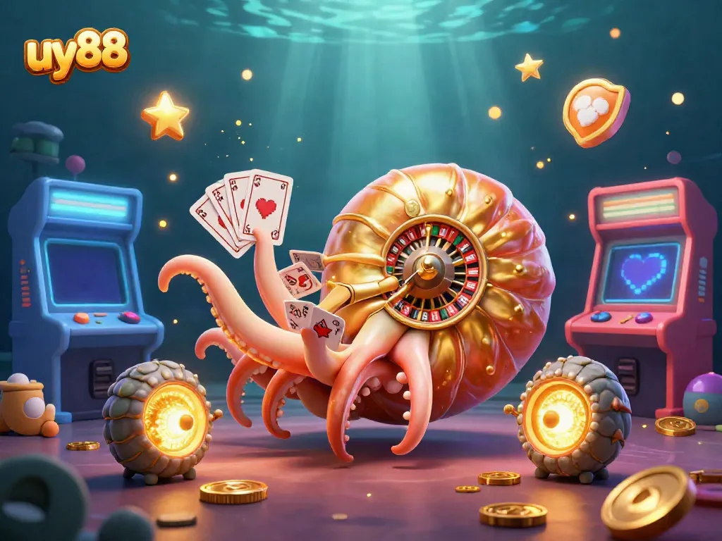 Experience gaming with uy88 as the 3D nautilus roulette wheel and glowing ammonite companions come alive in this vibrant casino scene.