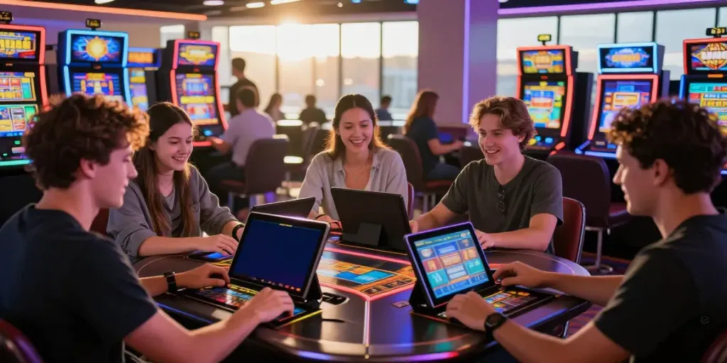 Thrilling online gaming scene with players enjoying slot gacor hari ini in a modern casino atmosphere.