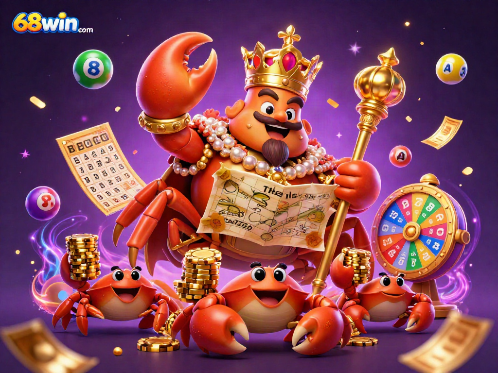 Engage with exciting games at 68win com featuring a golden crab emperor and vibrant lottery elements.