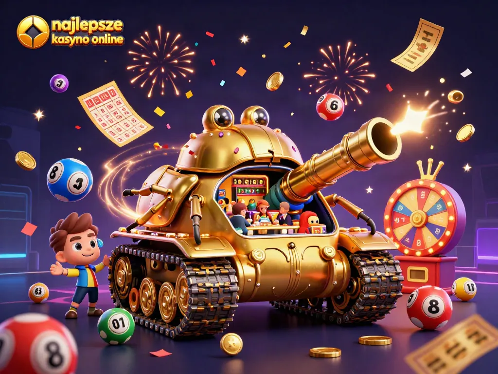 Experience the excitement of najlepsze kasyno online with a vibrant 3D casino illustration showcasing a golden beetle tank.